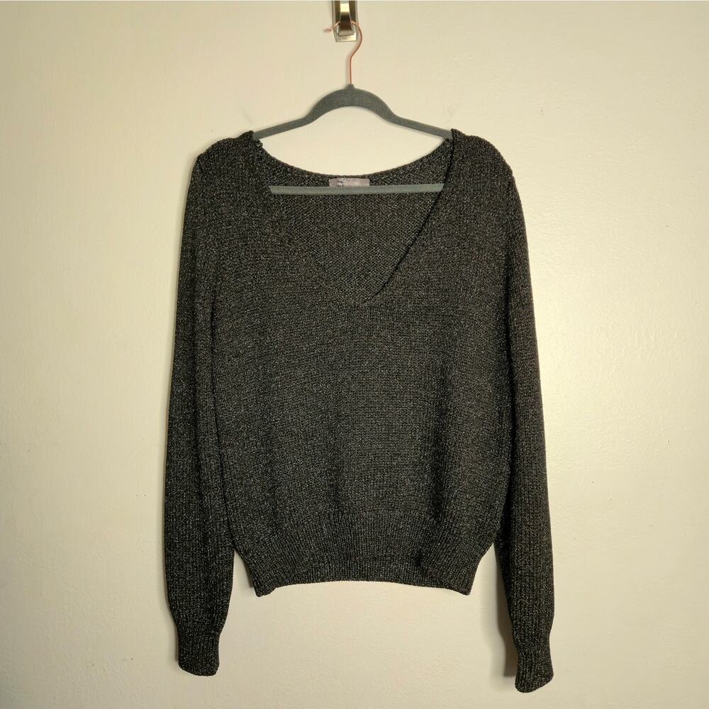 Elevated Basic Chic Metallic Black V-Neck Pullover Sweater Size XL Lela Rose